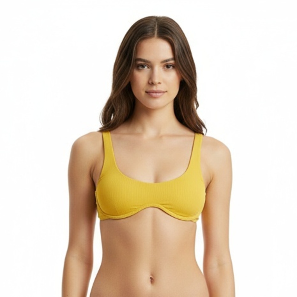 Zaful Bikini Top US 6 Mustard Yellow Ribbed Scoop Neck‎ Underwire Padded Trendy